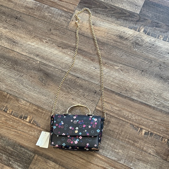 Handbags - Floral Black Handbag with Gold Chain Vegan